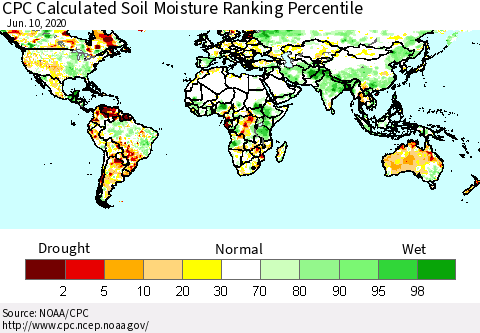 World CPC Soil Moisture Ranking Percentile (Leaky Bucket) Thematic Map For 6/6/2020 - 6/10/2020