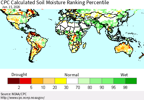 World CPC Soil Moisture Ranking Percentile (Leaky Bucket) Thematic Map For 6/11/2020 - 6/15/2020