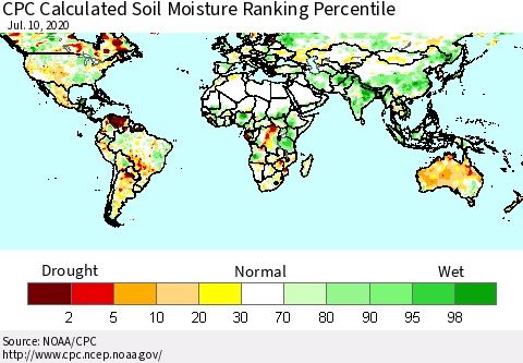 World CPC Soil Moisture Ranking Percentile (Leaky Bucket) Thematic Map For 7/6/2020 - 7/10/2020