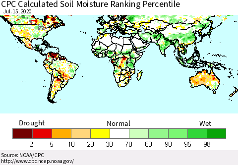 World CPC Soil Moisture Ranking Percentile (Leaky Bucket) Thematic Map For 7/11/2020 - 7/15/2020