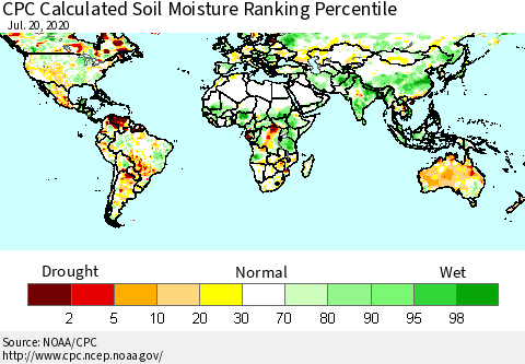 World CPC Soil Moisture Ranking Percentile (Leaky Bucket) Thematic Map For 7/16/2020 - 7/20/2020