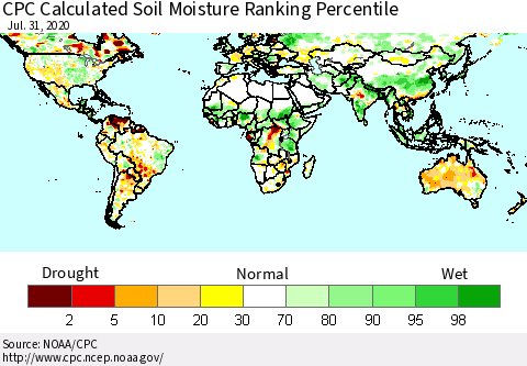 World CPC Soil Moisture Ranking Percentile (Leaky Bucket) Thematic Map For 7/26/2020 - 7/31/2020