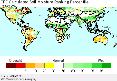 World CPC Soil Moisture Ranking Percentile (Leaky Bucket) Thematic Map For 8/6/2020 - 8/10/2020