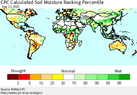 World CPC Soil Moisture Ranking Percentile (Leaky Bucket) Thematic Map For 8/11/2020 - 8/15/2020