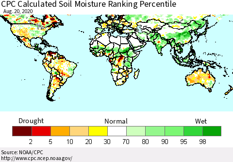 World CPC Soil Moisture Ranking Percentile (Leaky Bucket) Thematic Map For 8/16/2020 - 8/20/2020