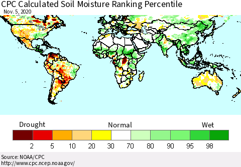 World CPC Soil Moisture Ranking Percentile (Leaky Bucket) Thematic Map For 11/1/2020 - 11/5/2020