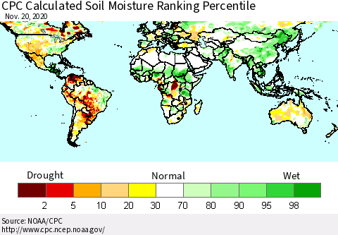 World CPC Soil Moisture Ranking Percentile (Leaky Bucket) Thematic Map For 11/16/2020 - 11/20/2020