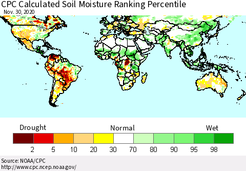 World CPC Soil Moisture Ranking Percentile (Leaky Bucket) Thematic Map For 11/26/2020 - 11/30/2020