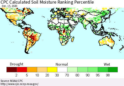 World CPC Soil Moisture Ranking Percentile (Leaky Bucket) Thematic Map For 12/11/2020 - 12/15/2020