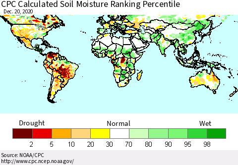 World CPC Soil Moisture Ranking Percentile (Leaky Bucket) Thematic Map For 12/16/2020 - 12/20/2020