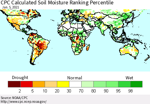 World CPC Soil Moisture Ranking Percentile (Leaky Bucket) Thematic Map For 1/1/2021 - 1/5/2021