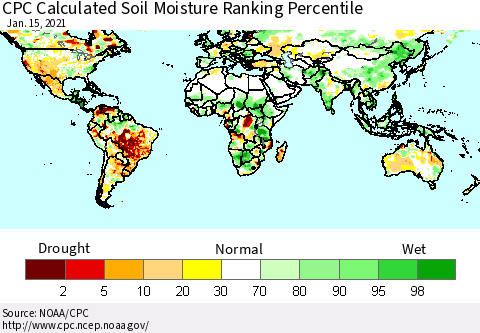World CPC Soil Moisture Ranking Percentile (Leaky Bucket) Thematic Map For 1/11/2021 - 1/15/2021