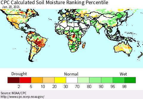 World CPC Soil Moisture Ranking Percentile (Leaky Bucket) Thematic Map For 1/16/2021 - 1/20/2021