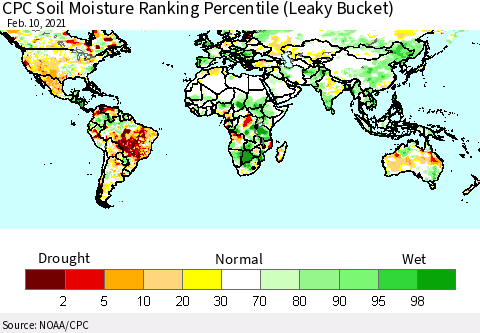 World CPC Soil Moisture Ranking Percentile (Leaky Bucket) Thematic Map For 2/6/2021 - 2/10/2021