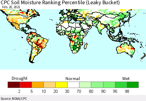 World CPC Soil Moisture Ranking Percentile (Leaky Bucket) Thematic Map For 2/16/2021 - 2/20/2021