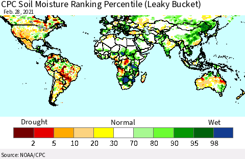World CPC Soil Moisture Ranking Percentile (Leaky Bucket) Thematic Map For 2/26/2021 - 2/28/2021