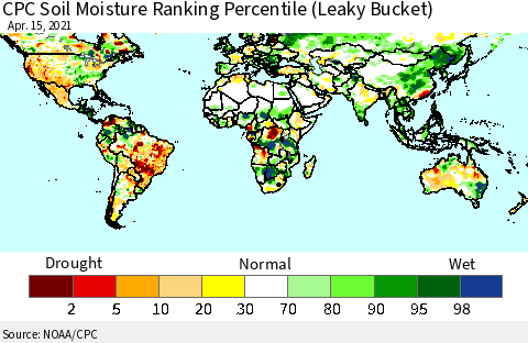 World CPC Soil Moisture Ranking Percentile (Leaky Bucket) Thematic Map For 4/11/2021 - 4/15/2021