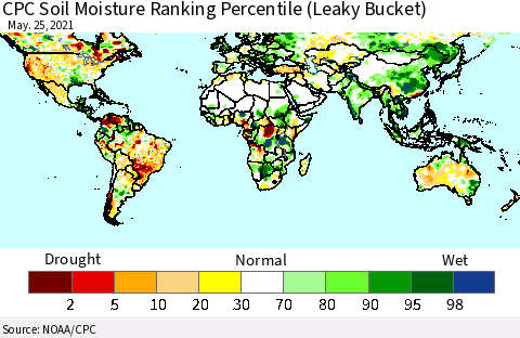 World CPC Soil Moisture Ranking Percentile (Leaky Bucket) Thematic Map For 5/21/2021 - 5/25/2021