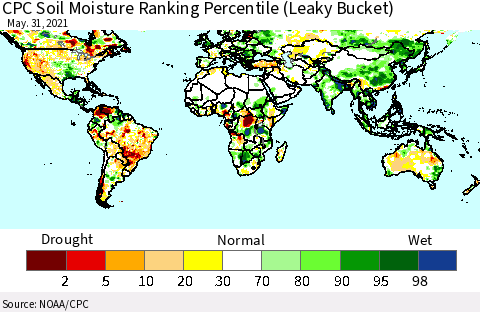 World CPC Soil Moisture Ranking Percentile (Leaky Bucket) Thematic Map For 5/26/2021 - 5/31/2021