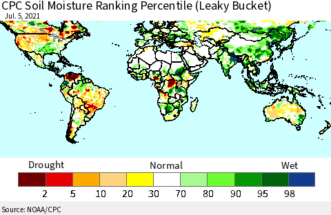 World CPC Soil Moisture Ranking Percentile (Leaky Bucket) Thematic Map For 7/1/2021 - 7/5/2021