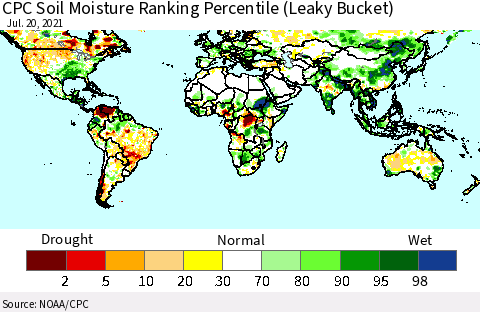 World CPC Soil Moisture Ranking Percentile (Leaky Bucket) Thematic Map For 7/16/2021 - 7/20/2021