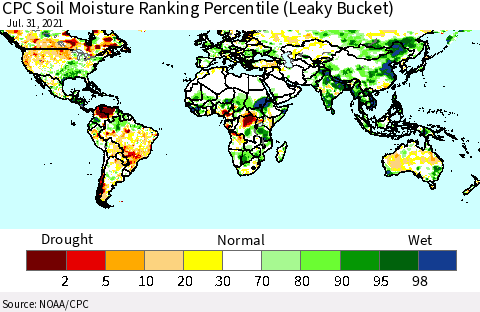 World CPC Soil Moisture Ranking Percentile (Leaky Bucket) Thematic Map For 7/26/2021 - 7/31/2021