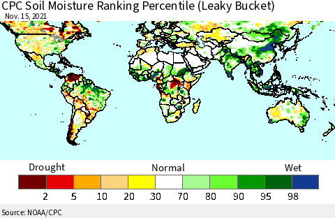 World CPC Soil Moisture Ranking Percentile (Leaky Bucket) Thematic Map For 11/11/2021 - 11/15/2021