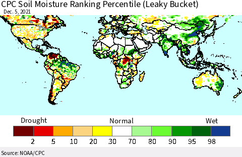 World CPC Soil Moisture Ranking Percentile (Leaky Bucket) Thematic Map For 12/1/2021 - 12/5/2021