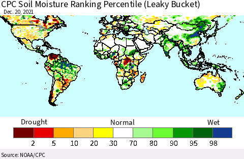 World CPC Soil Moisture Ranking Percentile (Leaky Bucket) Thematic Map For 12/16/2021 - 12/20/2021