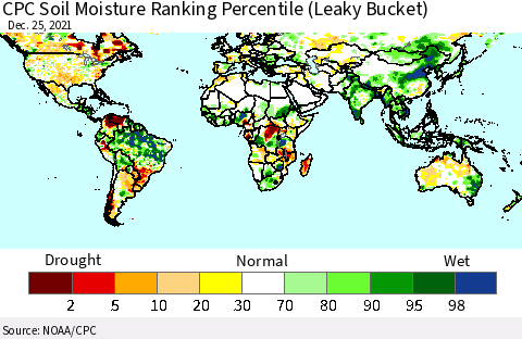 World CPC Soil Moisture Ranking Percentile (Leaky Bucket) Thematic Map For 12/21/2021 - 12/25/2021