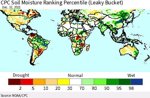 World CPC Soil Moisture Ranking Percentile (Leaky Bucket) Thematic Map For 12/26/2021 - 12/31/2021