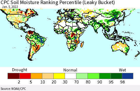 World CPC Soil Moisture Ranking Percentile (Leaky Bucket) Thematic Map For 1/1/2022 - 1/5/2022