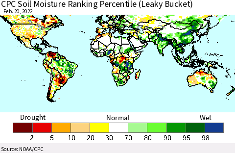 World CPC Soil Moisture Ranking Percentile (Leaky Bucket) Thematic Map For 2/16/2022 - 2/20/2022