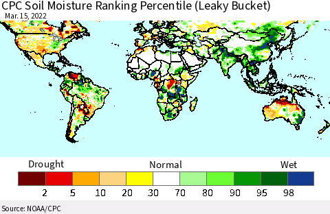 World CPC Soil Moisture Ranking Percentile (Leaky Bucket) Thematic Map For 3/11/2022 - 3/15/2022
