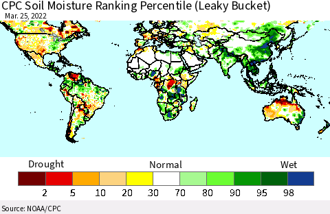 World CPC Soil Moisture Ranking Percentile (Leaky Bucket) Thematic Map For 3/21/2022 - 3/25/2022