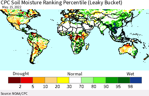 World CPC Soil Moisture Ranking Percentile (Leaky Bucket) Thematic Map For 5/11/2022 - 5/15/2022