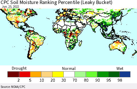 World CPC Soil Moisture Ranking Percentile (Leaky Bucket) Thematic Map For 6/21/2022 - 6/25/2022