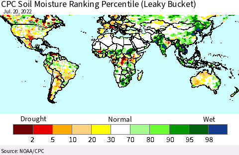 World CPC Soil Moisture Ranking Percentile (Leaky Bucket) Thematic Map For 7/16/2022 - 7/20/2022