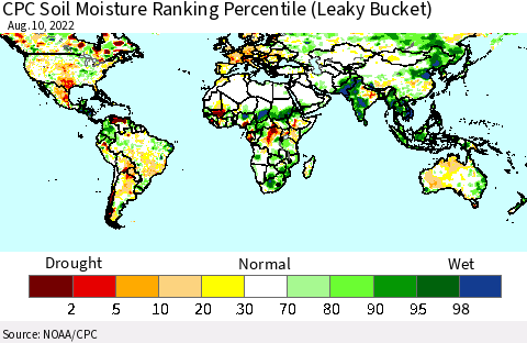 World CPC Soil Moisture Ranking Percentile (Leaky Bucket) Thematic Map For 8/6/2022 - 8/10/2022