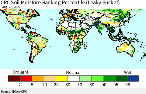 World CPC Soil Moisture Ranking Percentile (Leaky Bucket) Thematic Map For 8/16/2022 - 8/20/2022
