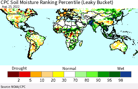 World CPC Soil Moisture Ranking Percentile (Leaky Bucket) Thematic Map For 8/21/2022 - 8/25/2022