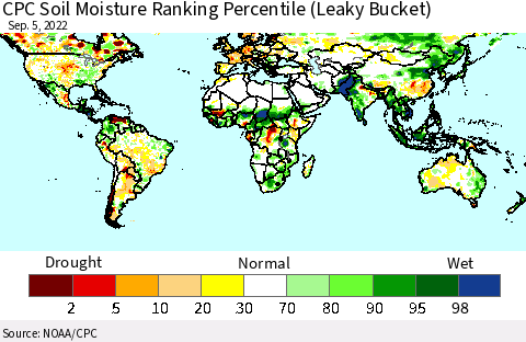 World CPC Soil Moisture Ranking Percentile (Leaky Bucket) Thematic Map For 9/1/2022 - 9/5/2022