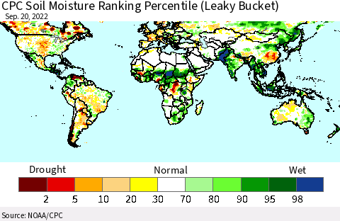 World CPC Soil Moisture Ranking Percentile (Leaky Bucket) Thematic Map For 9/16/2022 - 9/20/2022