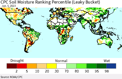 World CPC Soil Moisture Ranking Percentile (Leaky Bucket) Thematic Map For 1/1/2023 - 1/5/2023