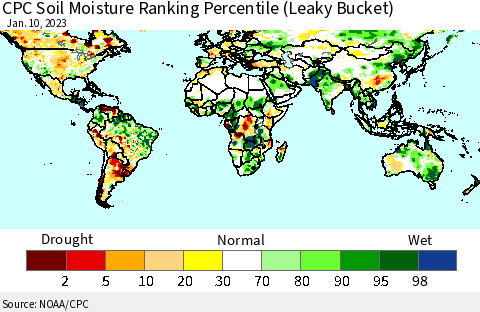 World CPC Soil Moisture Ranking Percentile (Leaky Bucket) Thematic Map For 1/6/2023 - 1/10/2023