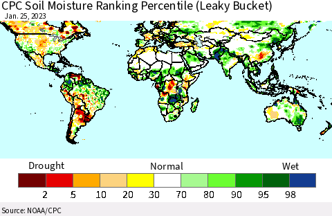 World CPC Soil Moisture Ranking Percentile (Leaky Bucket) Thematic Map For 1/21/2023 - 1/25/2023