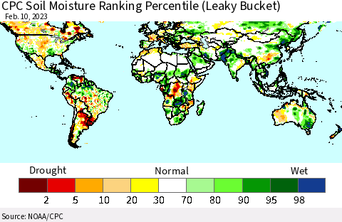 World CPC Soil Moisture Ranking Percentile (Leaky Bucket) Thematic Map For 2/6/2023 - 2/10/2023