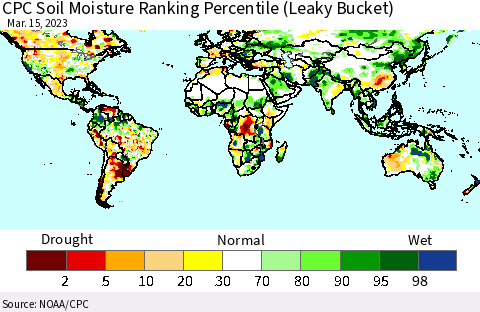 World CPC Soil Moisture Ranking Percentile (Leaky Bucket) Thematic Map For 3/11/2023 - 3/15/2023