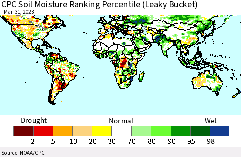 World CPC Soil Moisture Ranking Percentile (Leaky Bucket) Thematic Map For 3/26/2023 - 3/31/2023