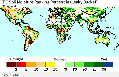 World CPC Soil Moisture Ranking Percentile (Leaky Bucket) Thematic Map For 4/16/2023 - 4/20/2023